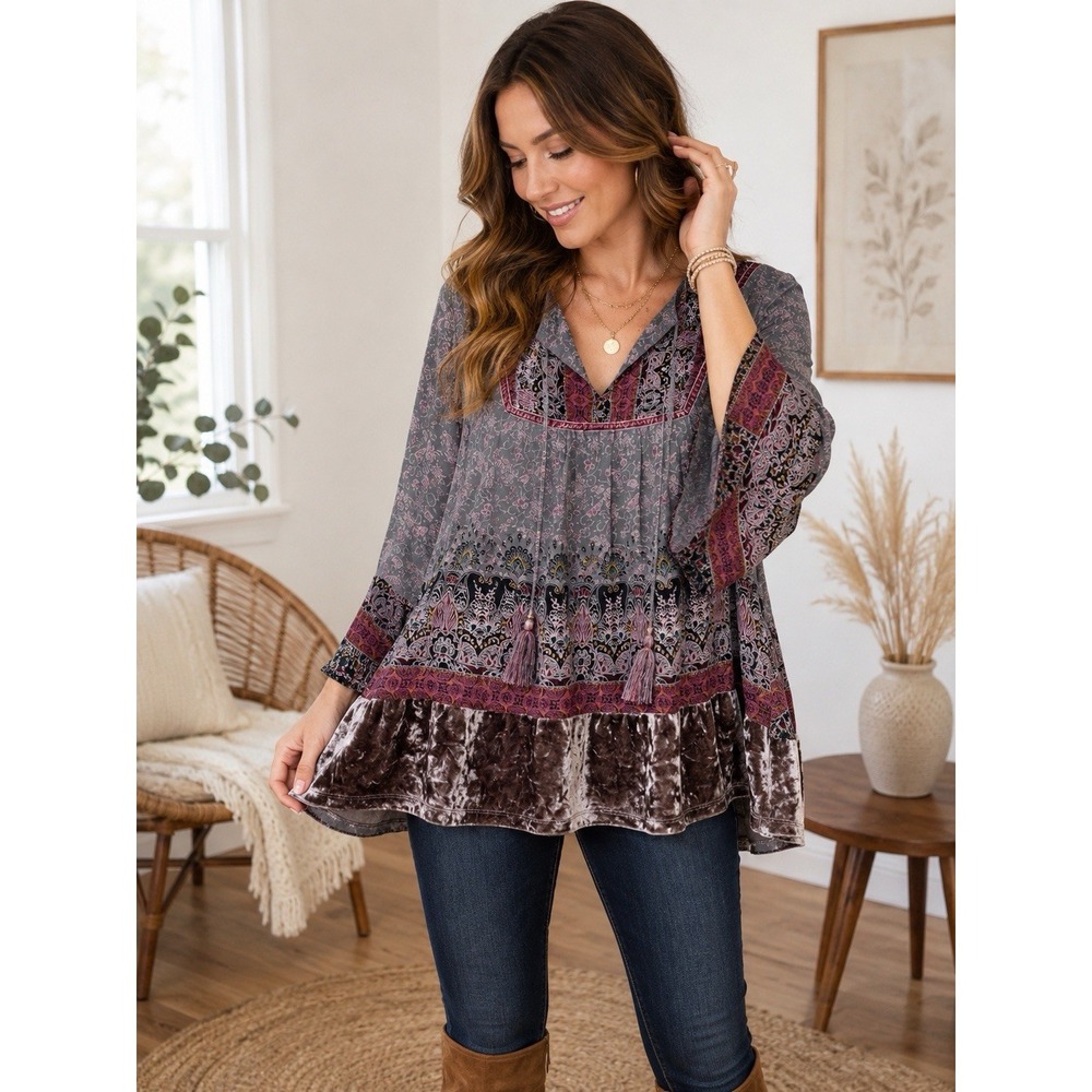 Knox Rose Women's Pink Grey Sheer Size M Boho Paisley Top Velvet Hem Bell Sleeve